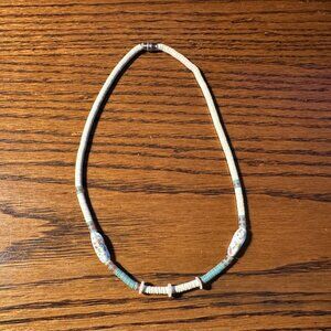Puka Shell Turquoise & Off White Choker Necklace with Beads ~ 15" Long